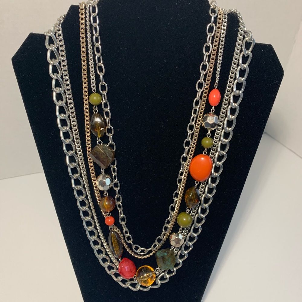 Chico’s Multistrand Necklace Silver Tone Chain Link Colorful Beads 18” Tiered